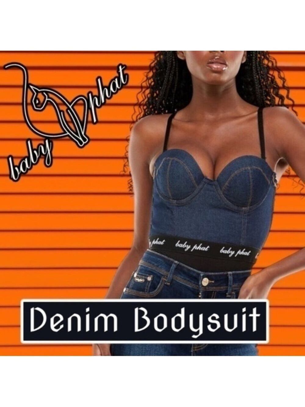 BABY PHAT Denim Logo Exposed Back Zipper Removable Strap Bustier BODYSUIT-Sm/NWT